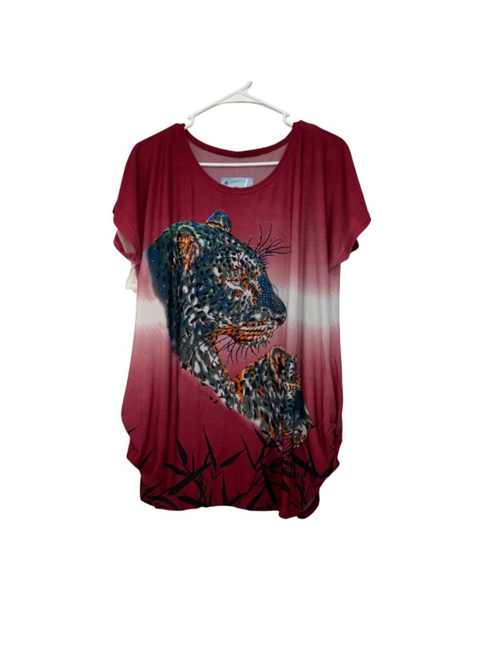 Women SZ L Leopard Print Tunic Top Rhinestone Accents Short Sleeves Burgundy